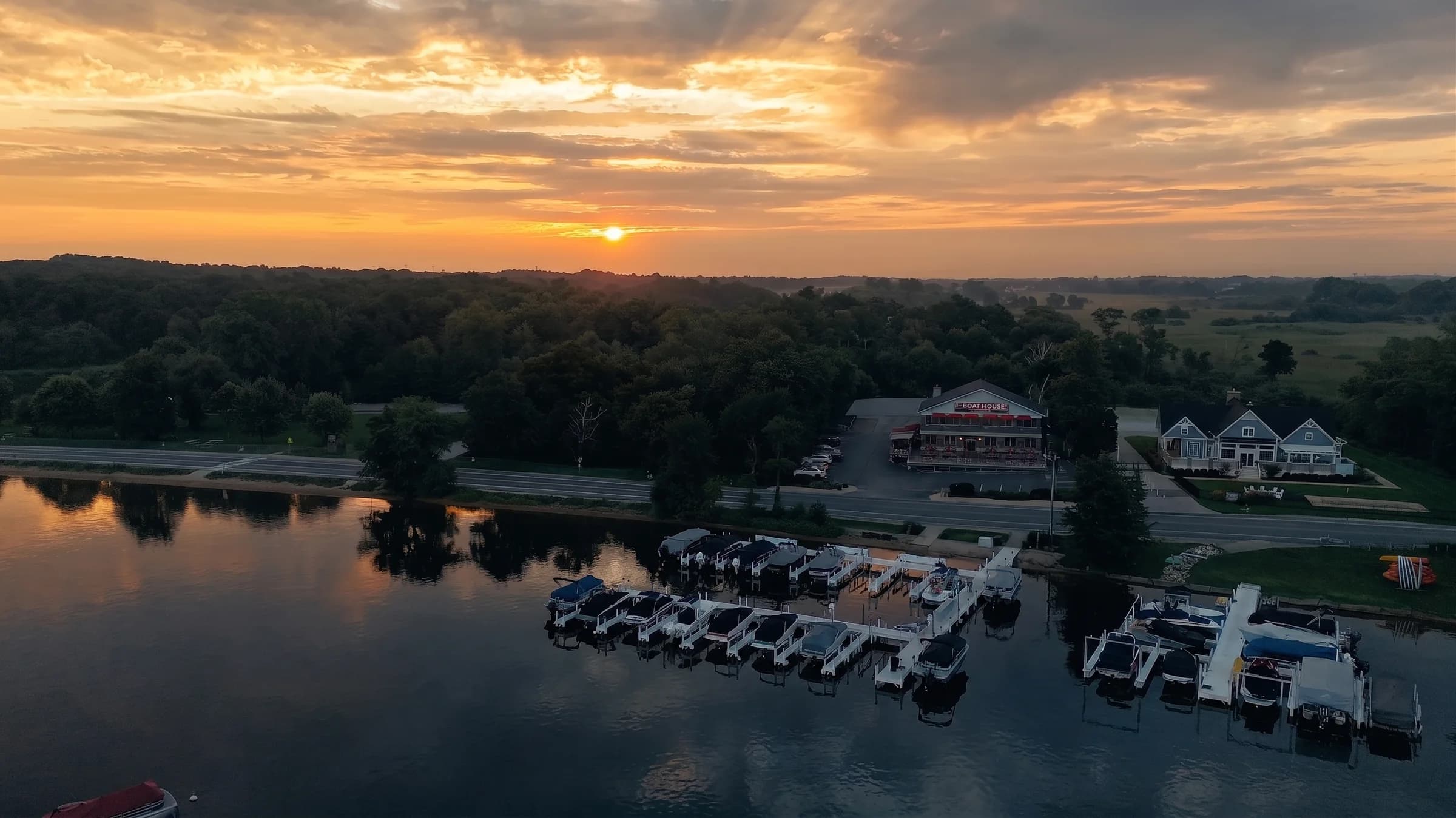 Aerial of the eastern shore of Geneva Lake at The Boat House