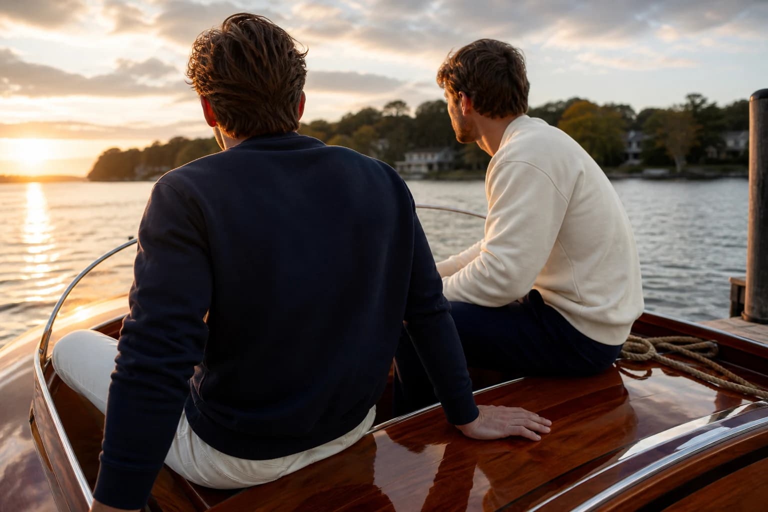Two friends in navy and cream Boat House layers on a wooden runabout at sunset.
