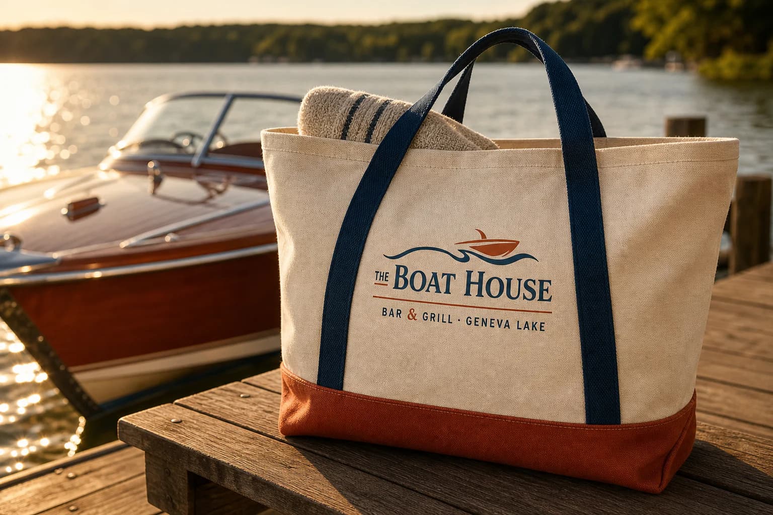 A warm-canvas boat tote with navy handles, a rust base, and the full Boat House lockup printed into the canvas.