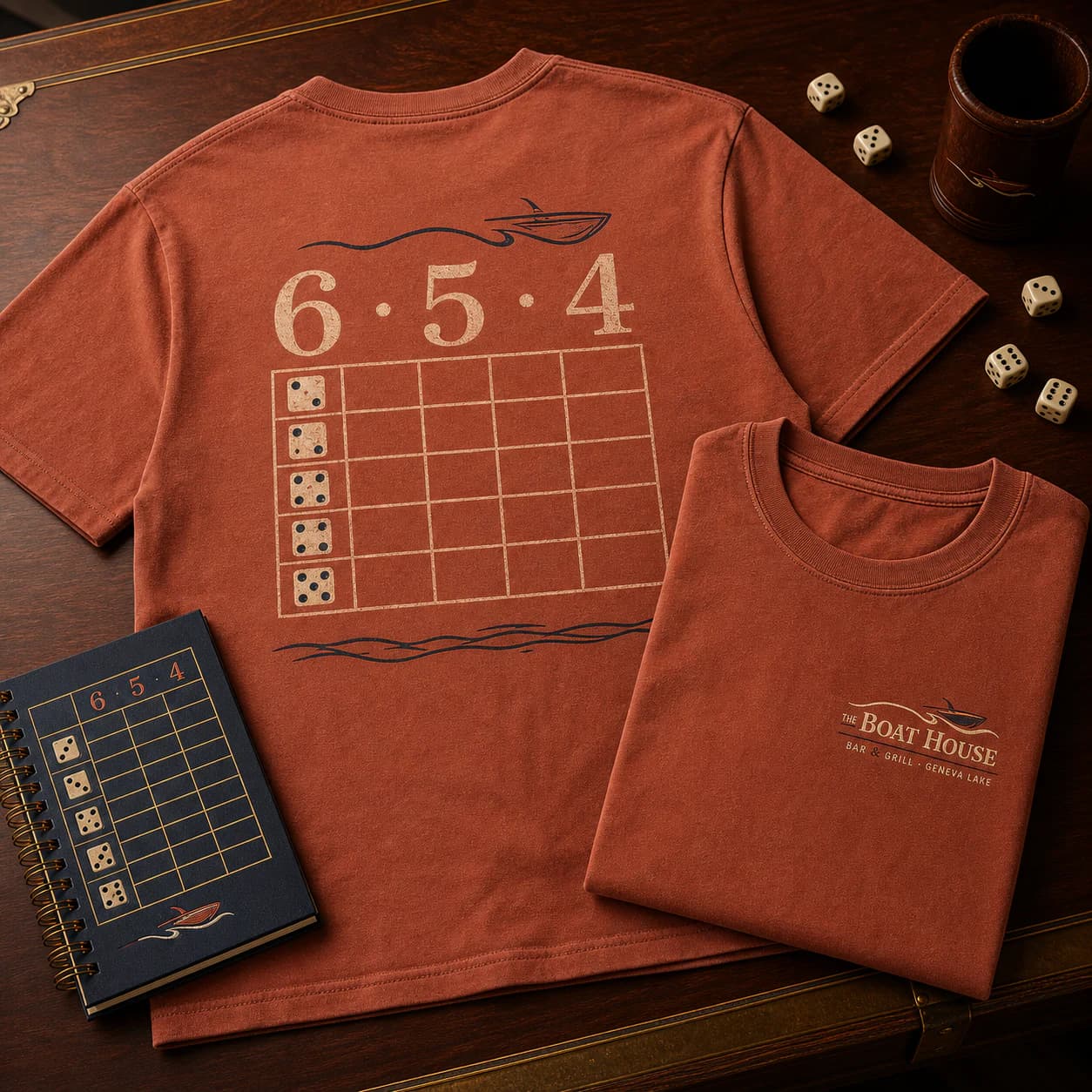 A brick garment-dyed game-night tee with a cream 6-5-4 score grid, dice pips, and the Boat House mark at the chest.