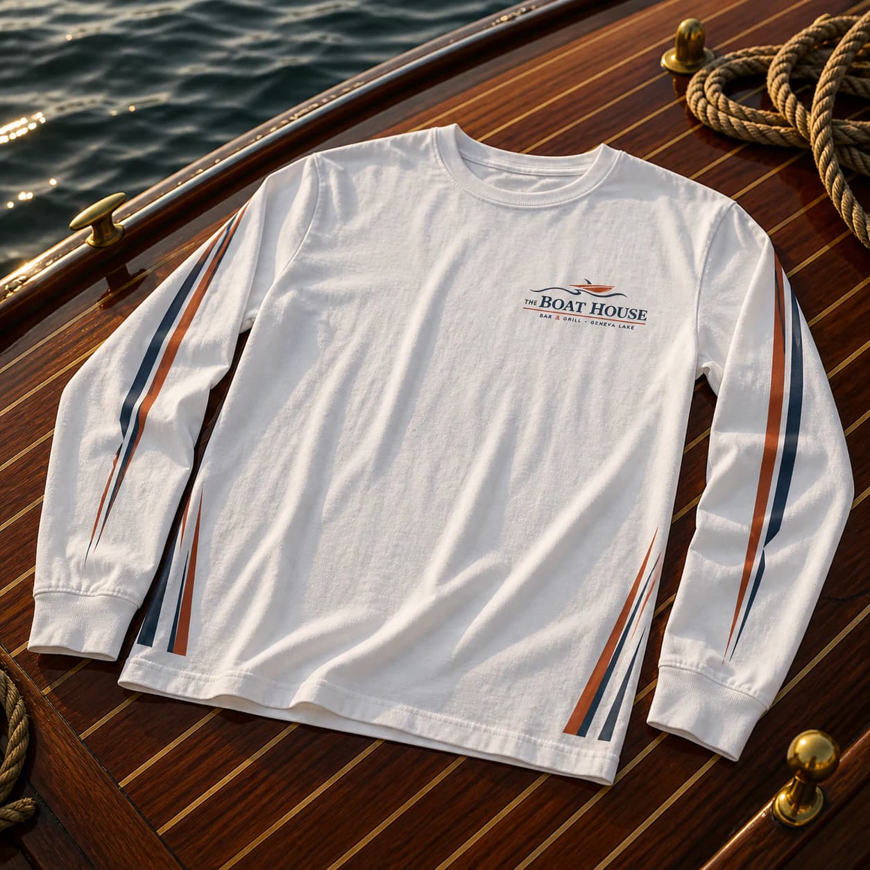 A white heavyweight long-sleeve shirt with a small Boat House chest mark and rust-and-navy stripes along both sleeves.