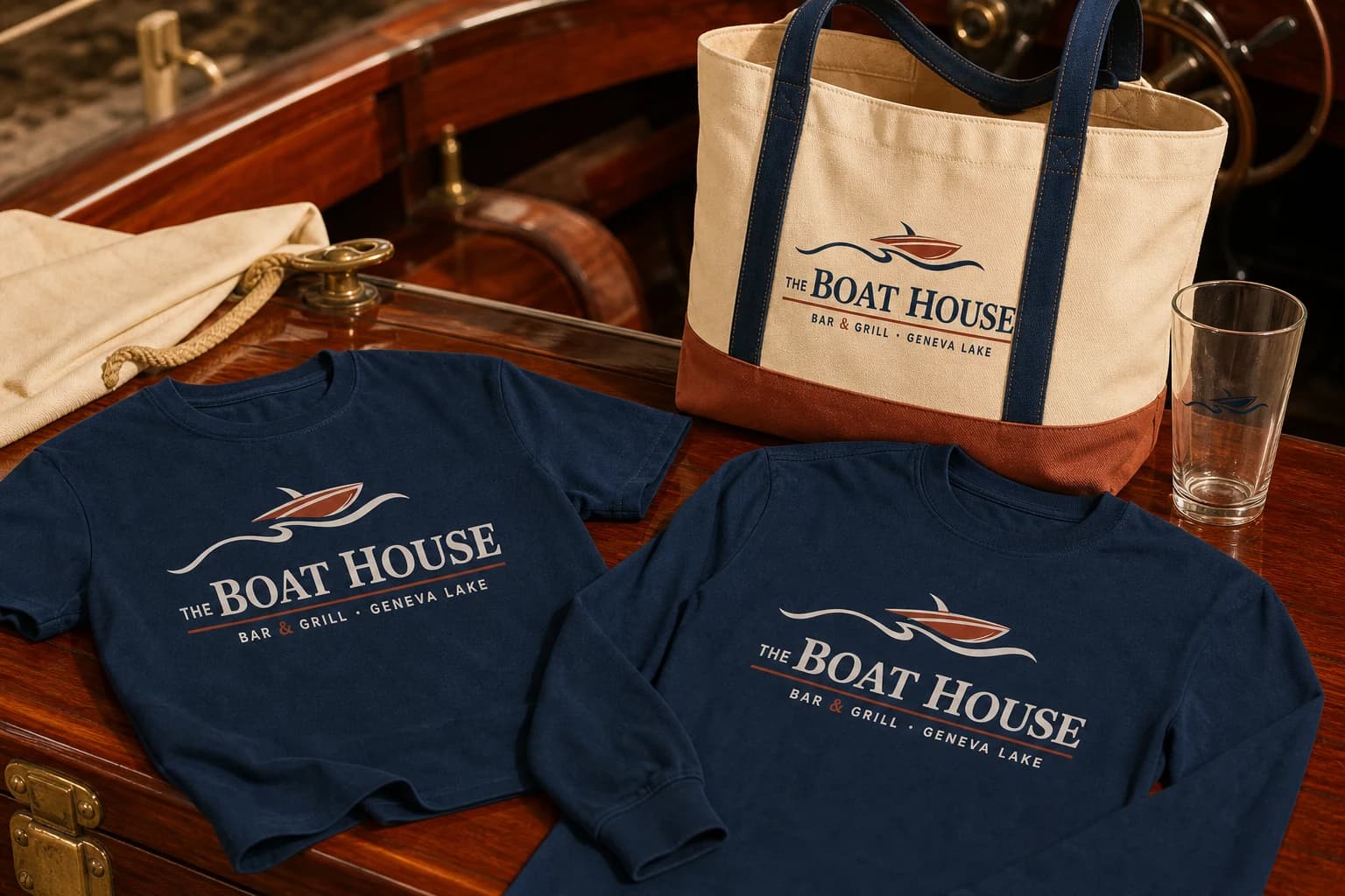 Heritage Lockup capsule with a navy tee, dock long-sleeve, canvas boat tote, and shaker pint on a varnished runabout.