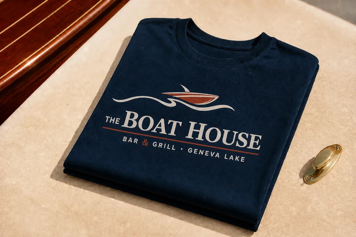 A lake-navy heavyweight tee with the full two-color Boat House lockup printed into the fabric.