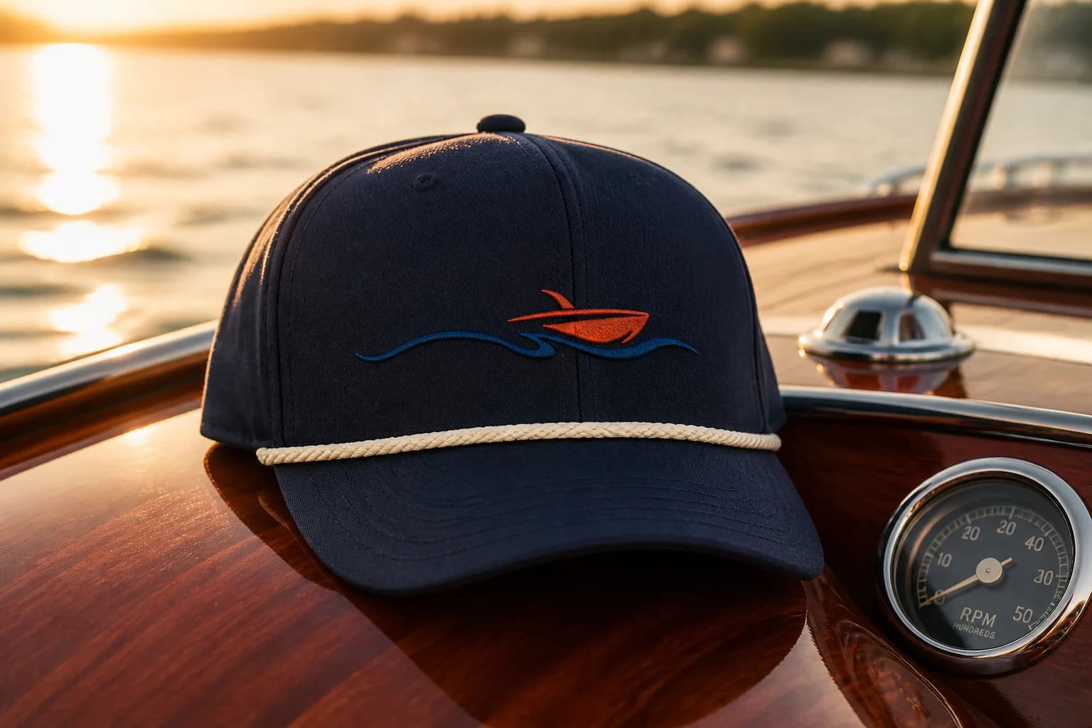 A lake-navy rope cap with the approved Boat House boat-and-water submark embroidered into the crown.