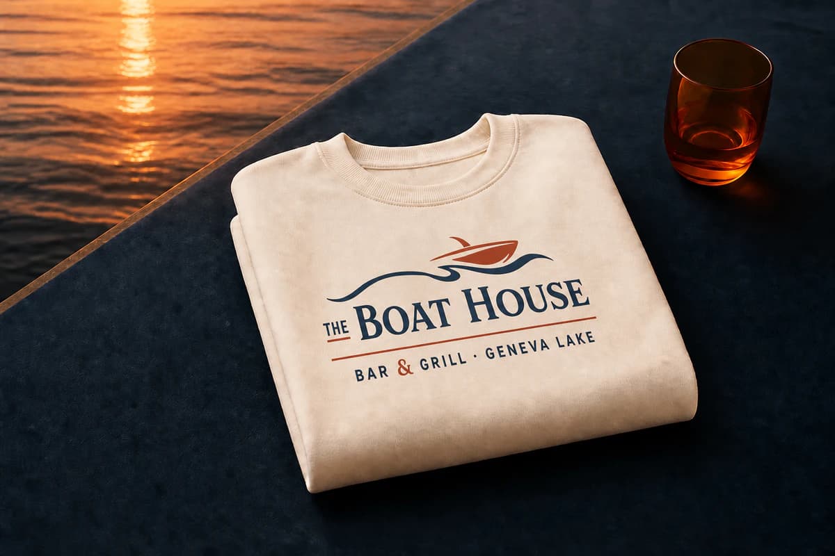 A warm-cream crewneck with the full two-color Boat House lockup beside the lake at sunset.