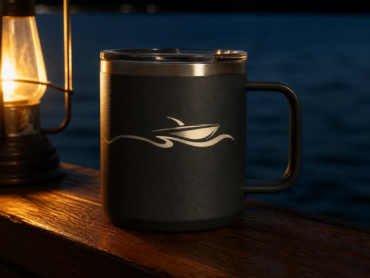 Matte charcoal camp mug with a one-color boat and wake line.