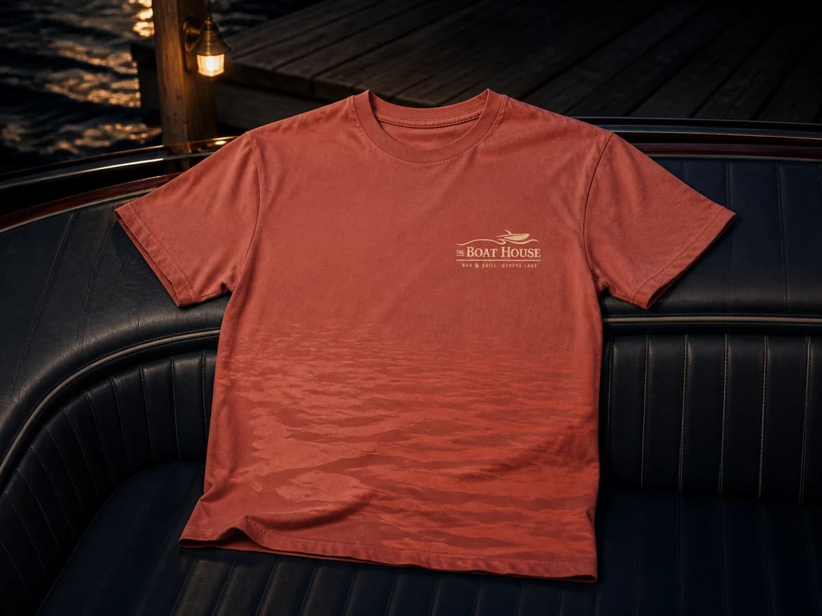 Washed-charcoal tee with tonal water reflections and a small one-color Boat House lockup.