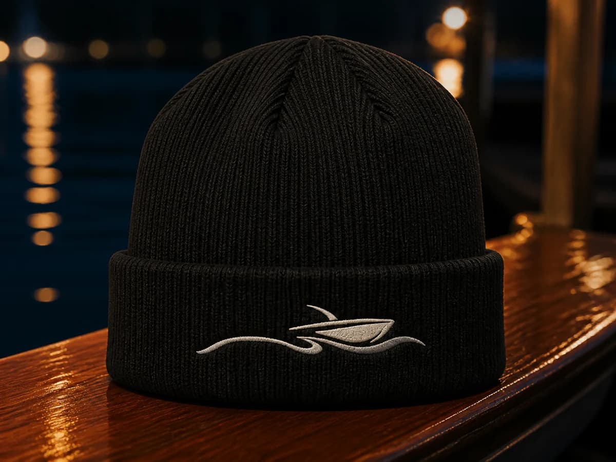 Black rib-knit watch cap with the approved boat-and-water embroidery mark.