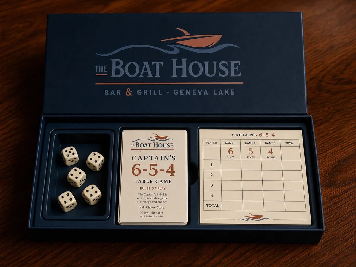 Boxed Captain's 6-5-4 table kit with dice, score cards, scorebook, and dice cup.
