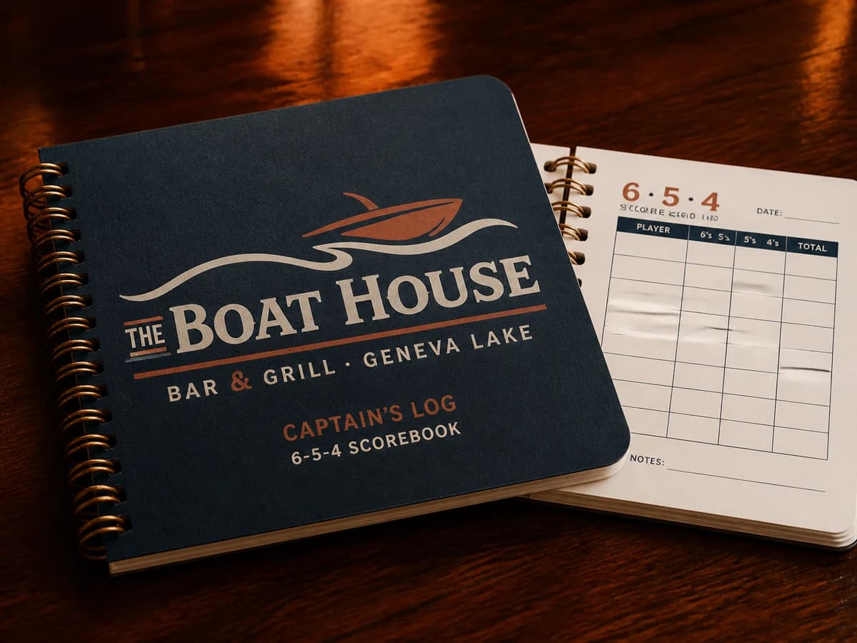Navy brass-spiral Captain's Log scorebook with a 6-5-4 score grid.