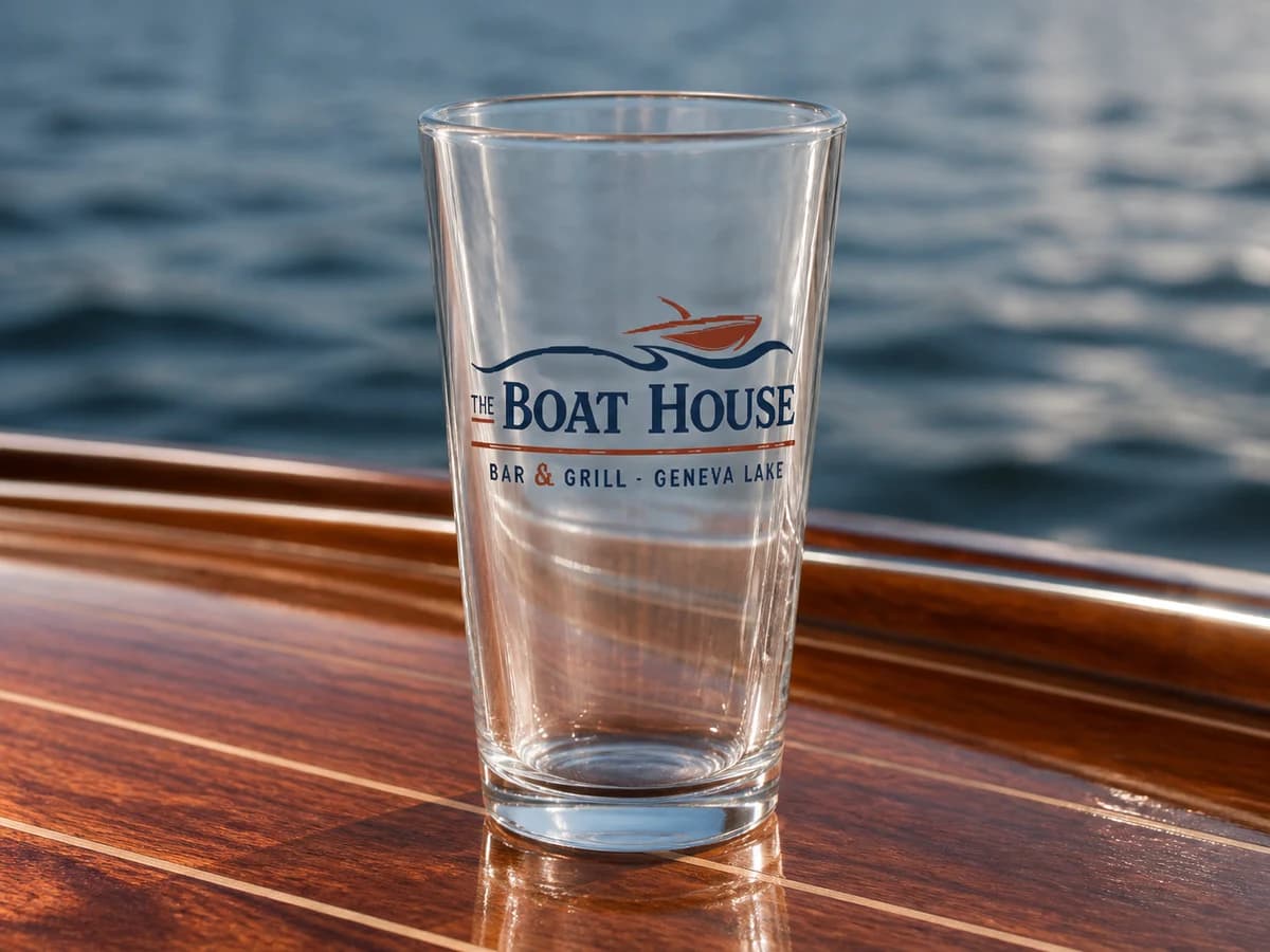 Clear Heritage Shaker Pint with a small boat-and-water mark.