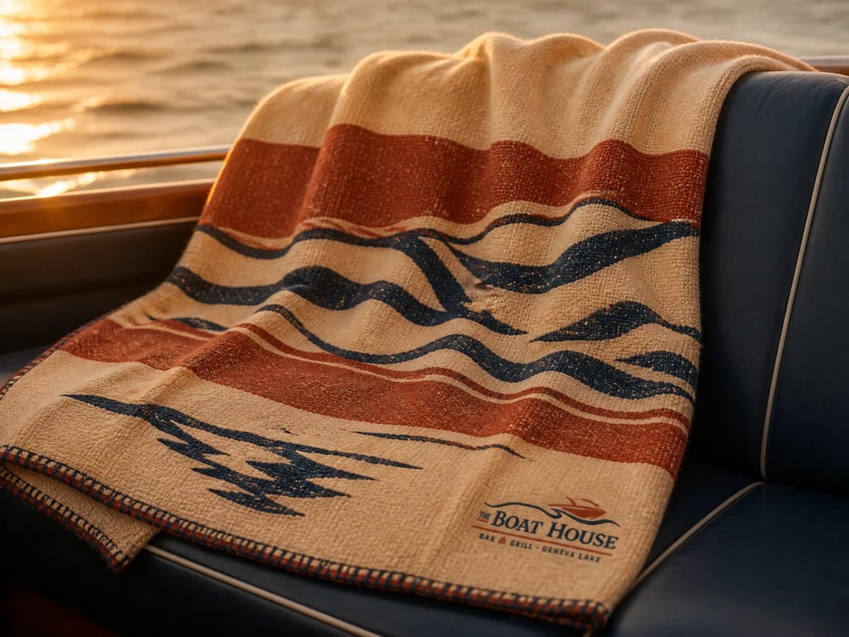 Cream deck blanket with rust sunset bands and navy water reflections.