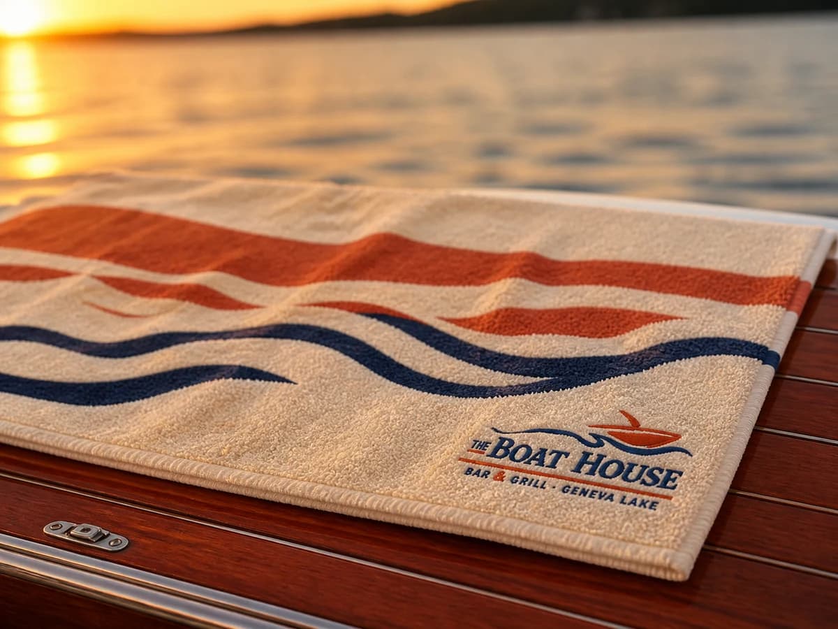Folded cream towel with rust and navy sunset-reflection stripes.