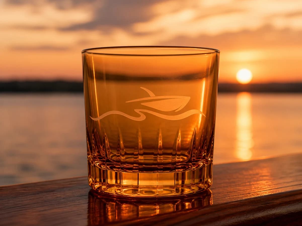 Low amber Sunset Rocks Glass with a small boat-and-water mark.