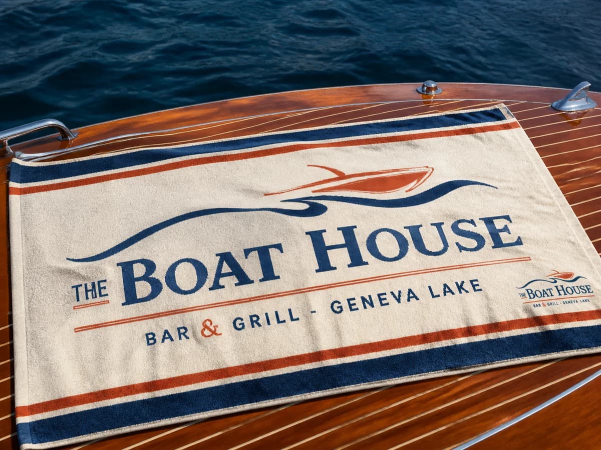 Navy, cream, and rust Wake Runner deck towel.