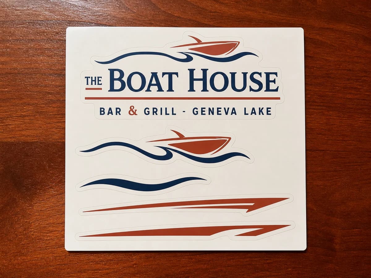 Sticker sheet with the locked Boat House mark, boat, wakes, and speed stripes.