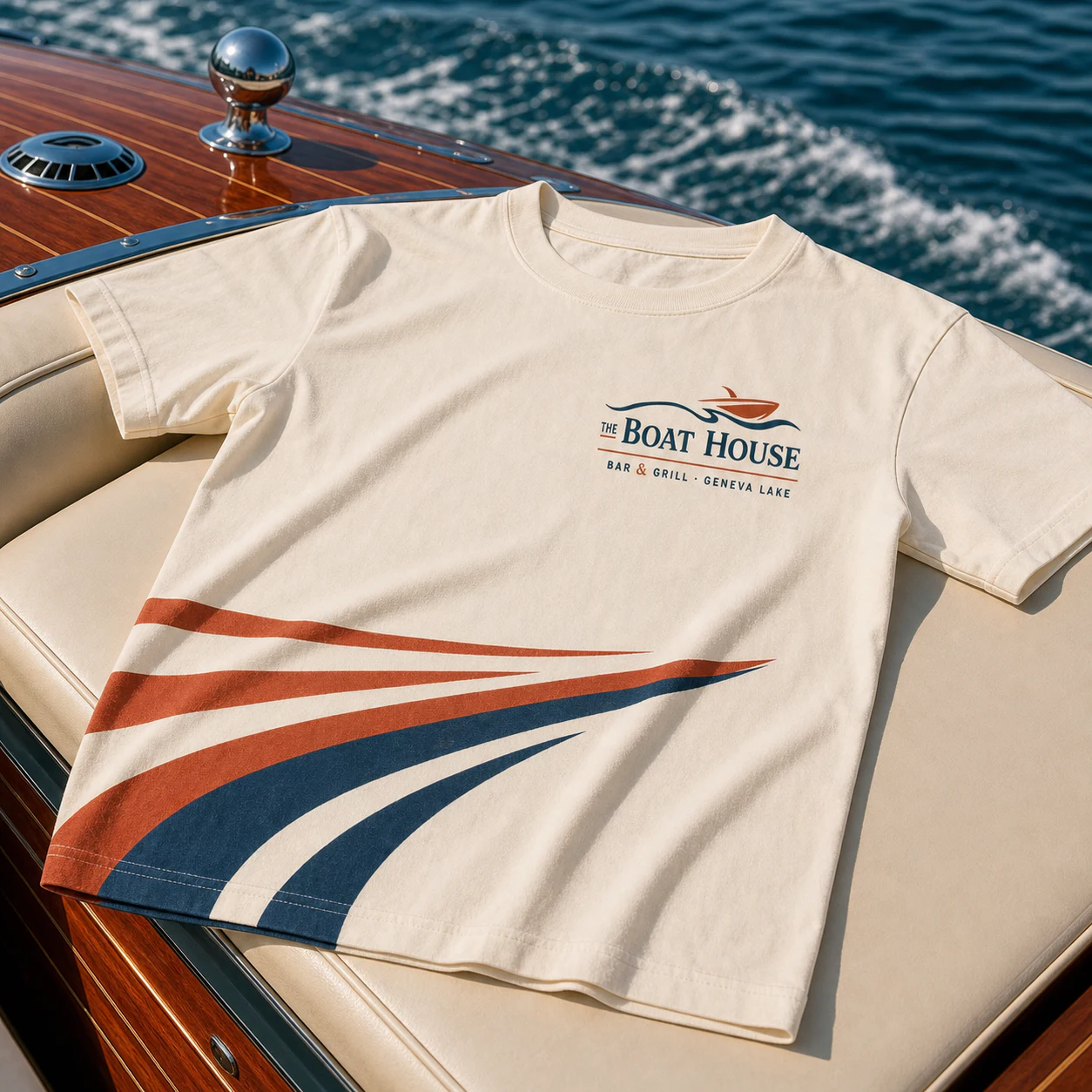 A warm-white Runabout Tee with a modest Boat House mark and sweeping rust and navy wake stripes on a classic runabout.